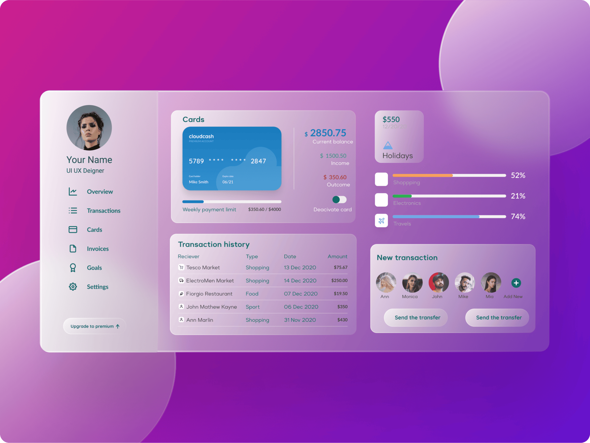 Dashboard design with glassmorphism.