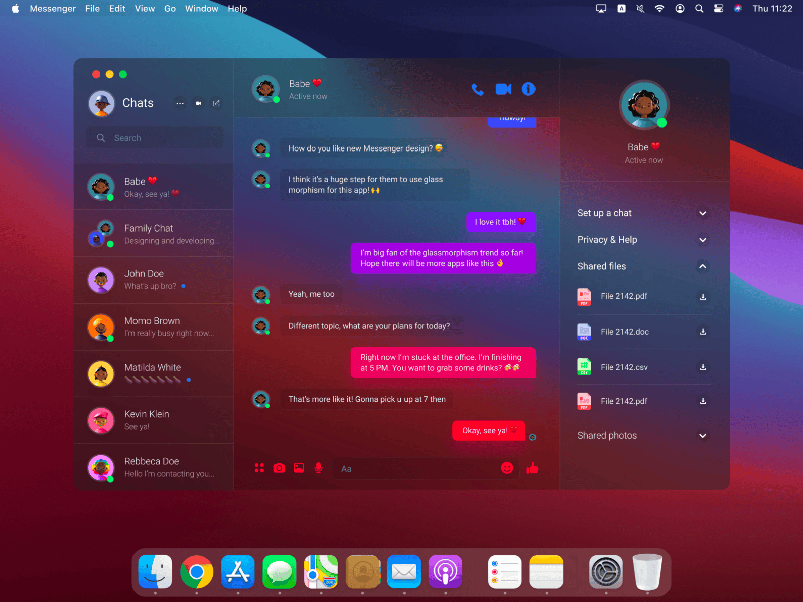 Messenger app with glassmorphic design.