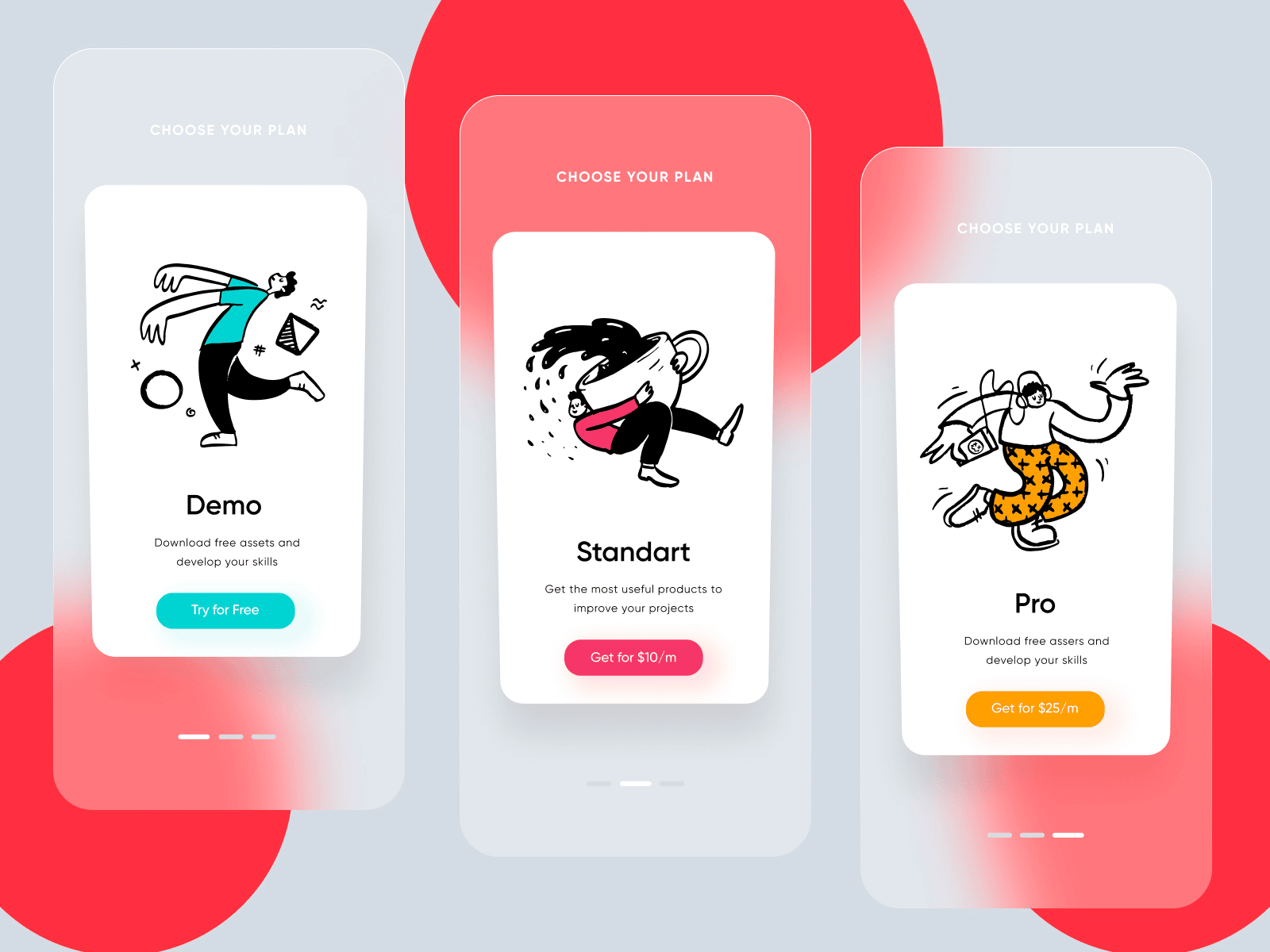 Onboarding screens with glassmorphism.