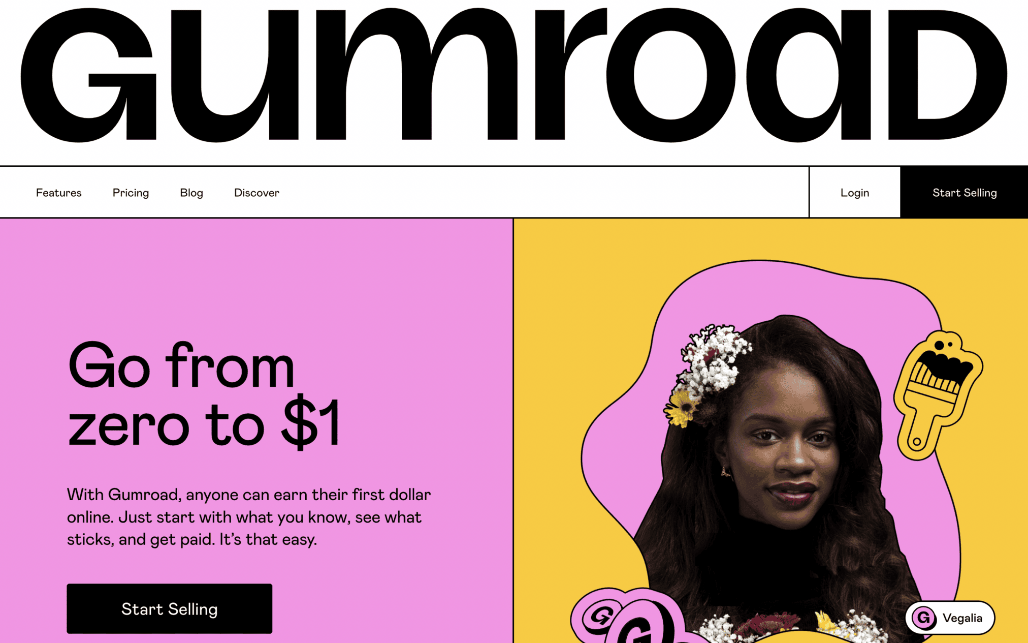 Homepage of Gumroad, an eCommerce website that uses neubrutalism design style.
